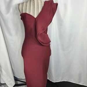 Designer Red One Shoulder Large Ruffle on Left Shoulder Bodycon Dress Size Small